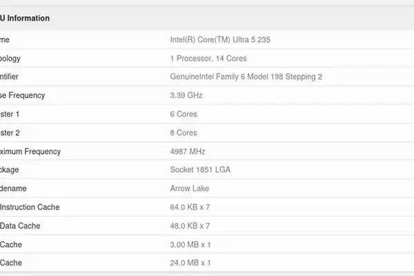 Intel Core Ultra 5 235 Processor Detected: 14 Cores, 5.0GHz Boost, Arrow Lake Architecture